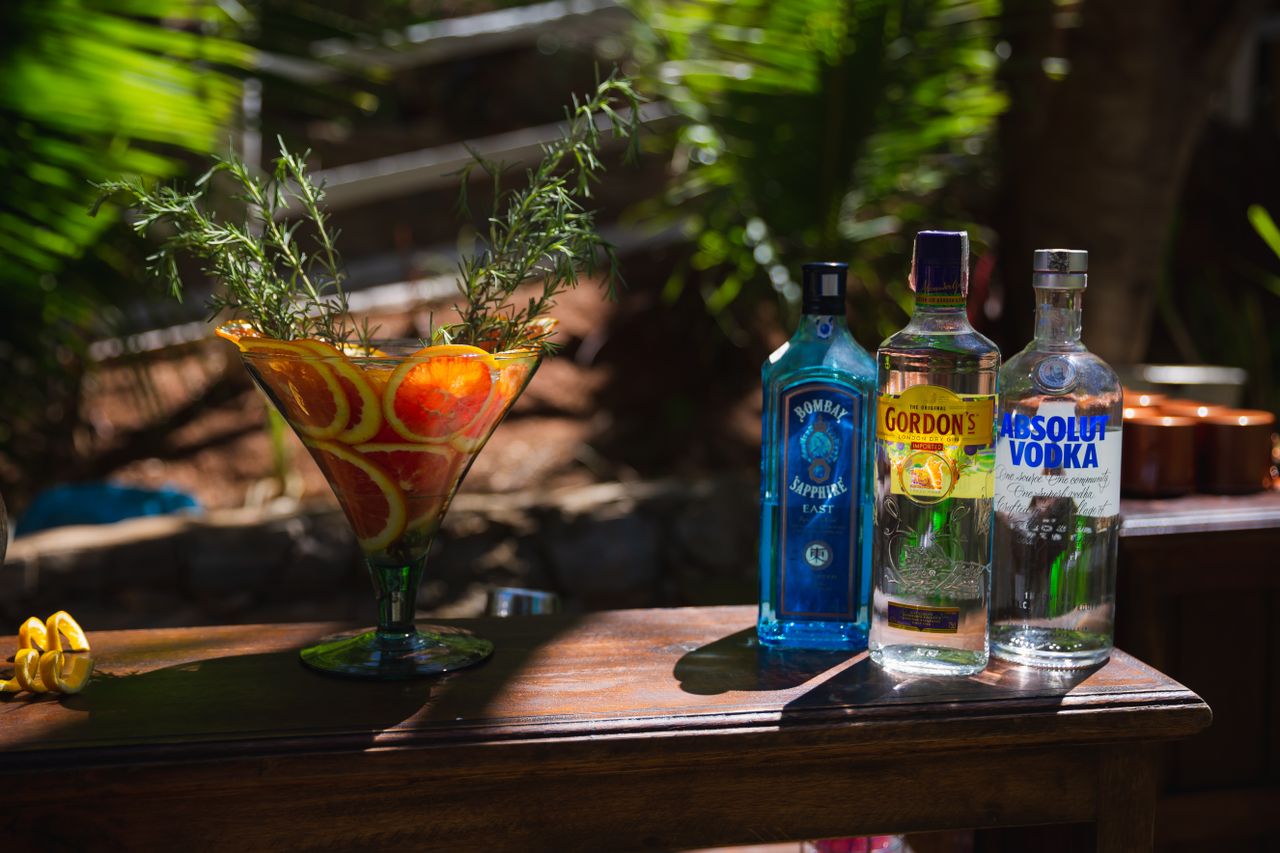 gallery-4 Outdoor scene featuring a citrus cocktail with bottles of gin and vodka, ideal for tropical settings.
